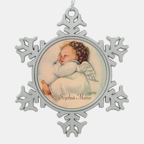 Vintage Sleeping Baby Girl Angel Snowflake Pewter Christmas Ornament