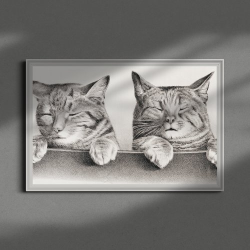 Vintage Sleeping Cats Lithograph 1874 Sketch Poster