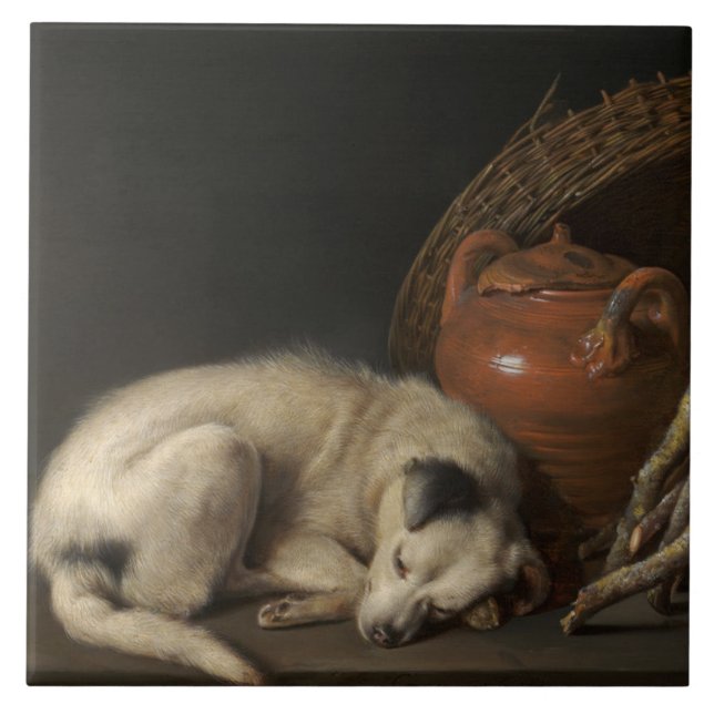 Vintage Sleeping Dog by Gerrit Dou Tile (Front)