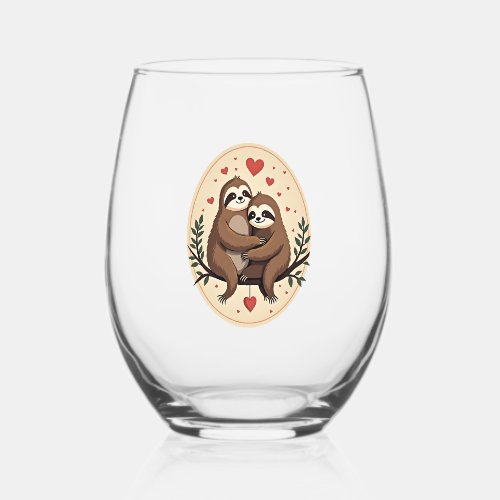 Vintage Sloth Love Retro Valentine Shirt 2 Stemless Wine Glass