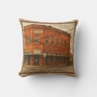 Vintage Small Town Brick Bank in Texas Throw Pillow