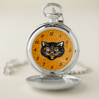Vintage Smiling Black Cat Face Stars Orange Pocket Watch