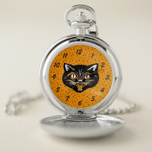 Vintage Smiling Black Cat Face Stars Orange Pocket Watch