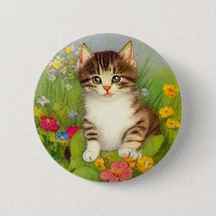 Vintage Smiling Cat Illustration Button