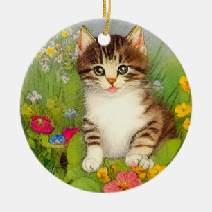 Vintage Smiling Cat Illustration Ceramic Ornament