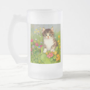 Vintage Smiling Cat Illustration Frosted Glass Beer Mug