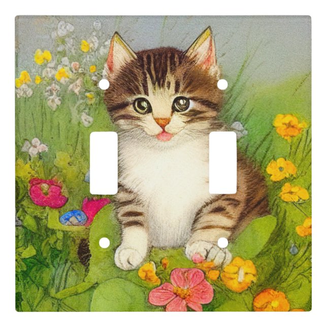 Vintage Smiling Cat Illustration Light Switch Cover (Front)