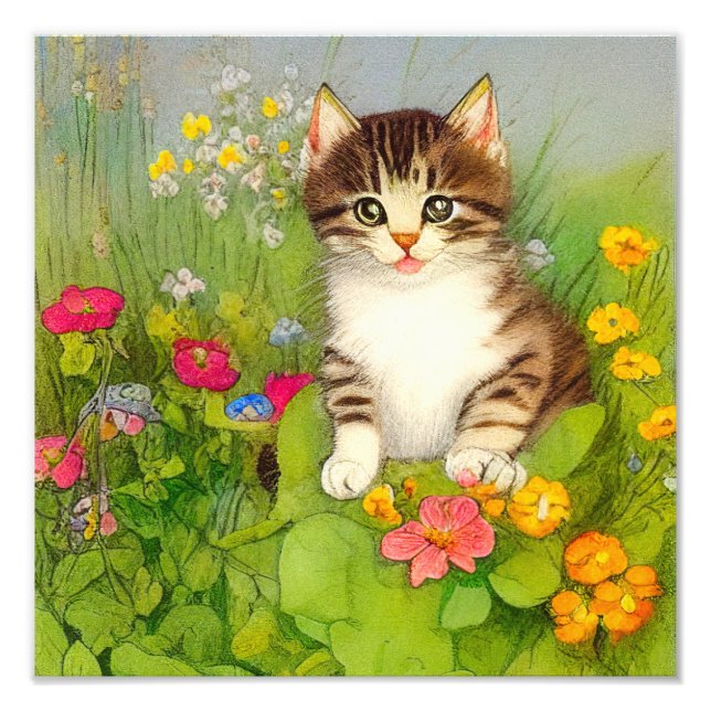 Vintage Smiling Cat Illustration Photo Print (Front)