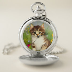 Vintage Smiling Cat Illustration Pocket Watch