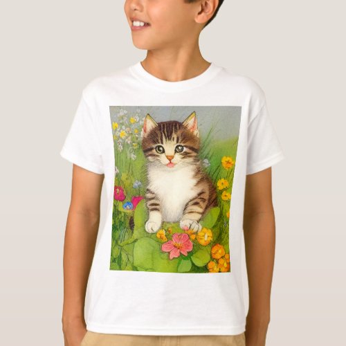 Vintage Smiling Cat Illustration T_Shirt