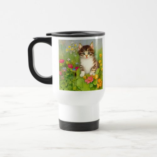 Vintage Smiling Cat Illustration Travel Mug