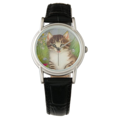 Vintage Smiling Cat Illustration Watch