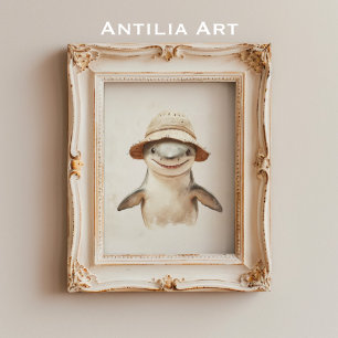 Vintage Smiling White Shark Painting Marine Fish Poster