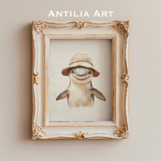 Vintage Smiling White Shark Painting Marine Fish Poster