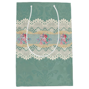 Vintage Smokey Pine Green Damask Roses Lace Medium Gift Bag