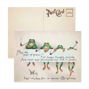 Vintage Smoking Frogs Christmas Postcard