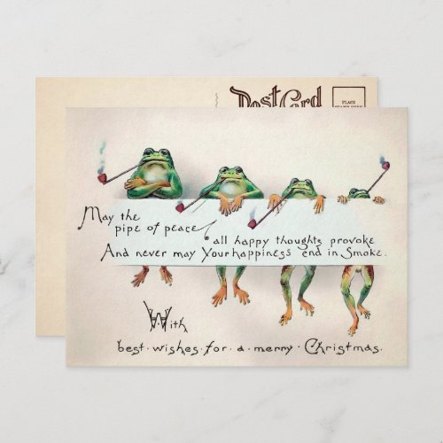 Vintage Smoking Frogs Christmas Postcard 