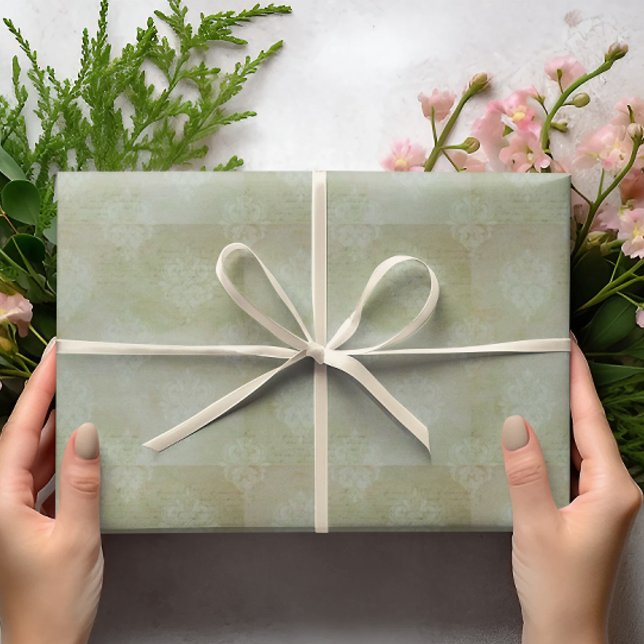 Vintage Smoky Green Faded Handwriting Damask  Wrapping Paper (Simple elegance)