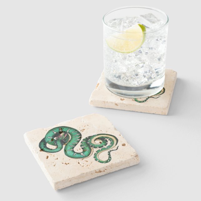 Vintage snake illustration reptile green yellow stone coaster (Side)