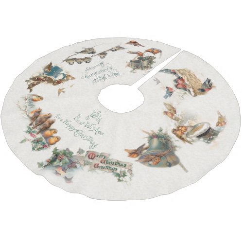 Vintage Snow Birds and Christmas Greetings Brushed Polyester Tree Skirt