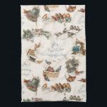 Vintage Snow Birds and Christmas Greetings Kitchen Towel<br><div class="desc">Nostalgic seamless repeating holiday pattern adapted from classic Victorian greeting cards featuring a collage of sweet vintage winter snow birds with rustic Christmas greetings on distressed neutral background.</div>