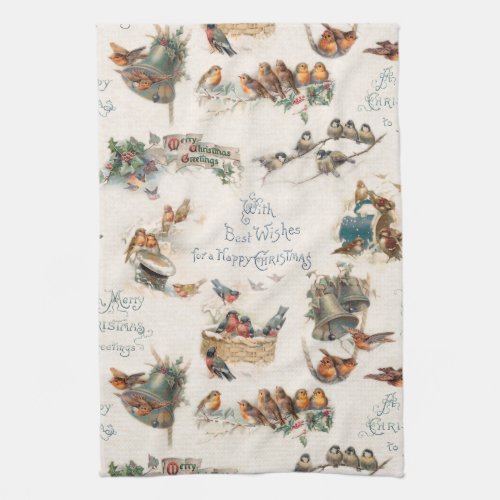Vintage Snow Birds and Christmas Greetings Kitchen Towel