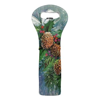 Vintage Snow Blue Christmas Floral Pinecone Winter Wine Bag by camcguire at Zazzle