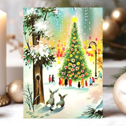 Vintage Snow Bunnies Christmas Tree Scene Holiday Card