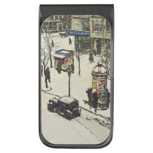 Vintage Snow Covered 1920s City Street Cars Winter Gunmetal Finish Money Clip