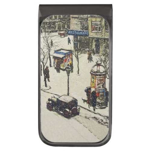 Vintage Snow Covered 1920s City Street Cars Winter Gunmetal Finish Money Clip