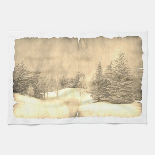 Vintage snow evergreen winter scene on parchment kitchen towel