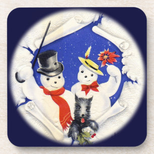 Vintage Snow Family and Dog Set of Cork Coasters