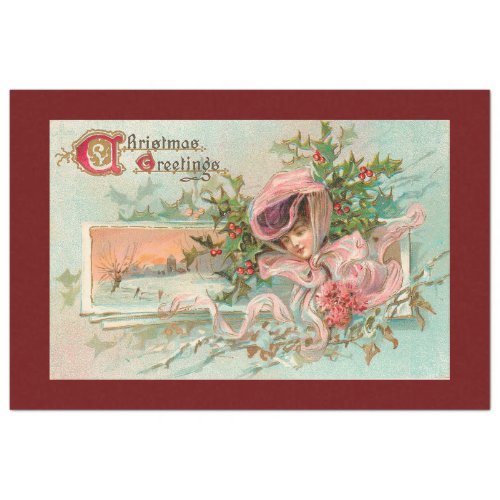 Vintage Snow Lady And Christmas Mistletoe Tissue Paper