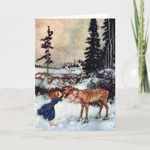 Vintage Snow Queen Gerda and Reindeer Fairy Tale Holiday Card