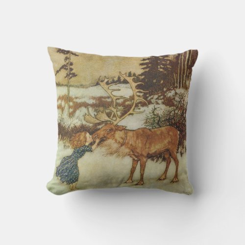 Vintage Snow Queen with Gerda and Reindeer Throw Pillow