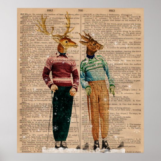 Vintage Snow Ski Deer Dictionary Page Art Poster