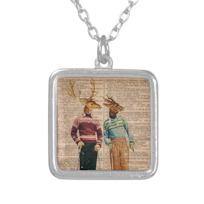 Vintage Snow Ski Deer Dictionary Page Necklace