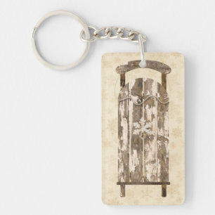 Vintage snow sled wood rustic winter snowflake keychain