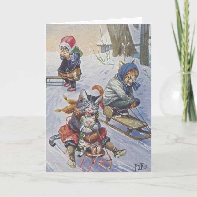 Vintage - Snow Sledding Cats, Holiday Card (Front)