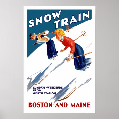 Vintage Snow Train Boston and Maine Travel Poster
