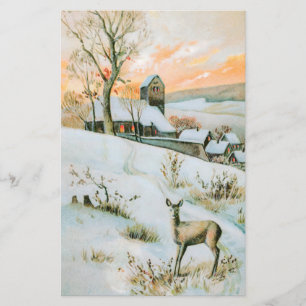 Vintage snow winter landscape with deer