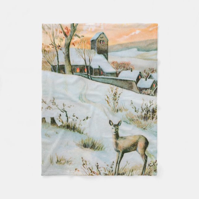 Vintage snow winter landscape with deer fleece blanket (Front)