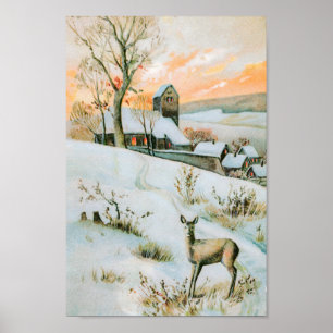 Vintage snow winter landscape with deer  poster