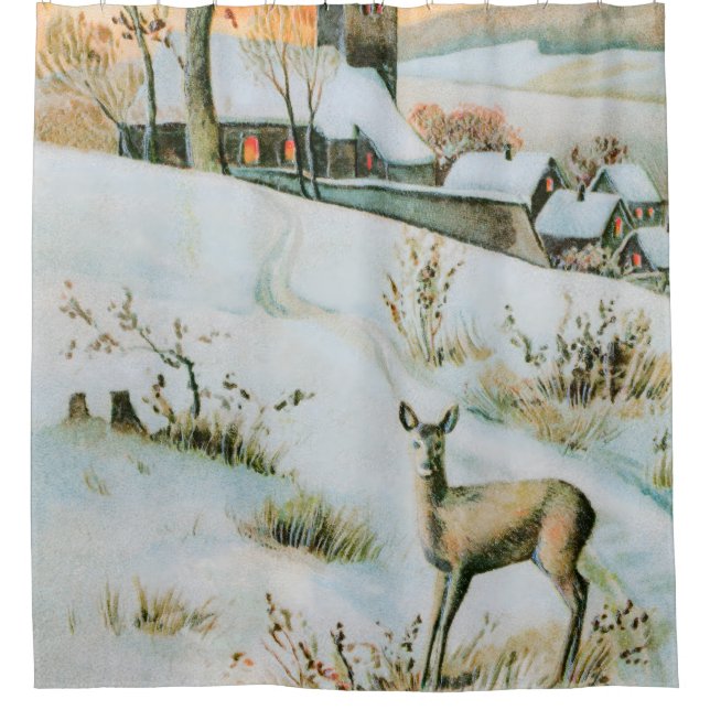Vintage snow winter landscape with deer shower curtain (Front)