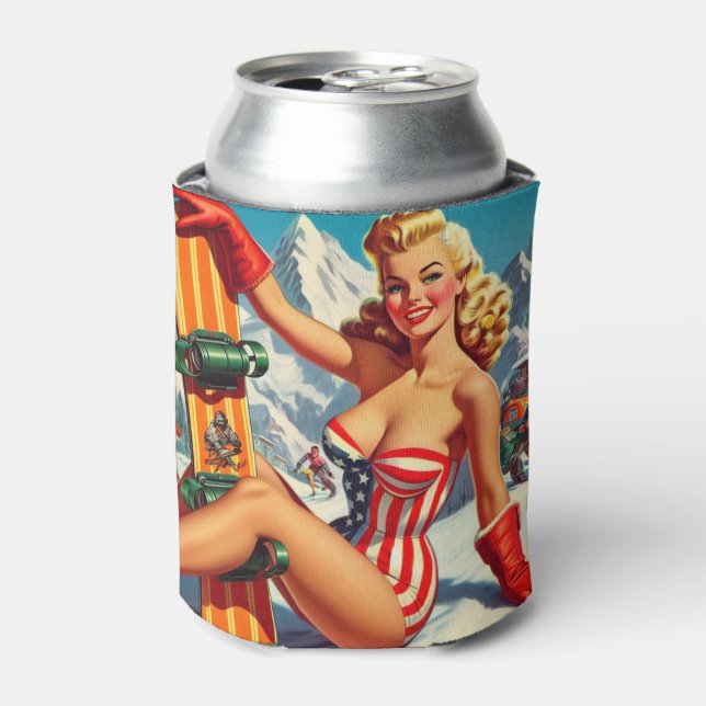 Vintage Snowboard Pin Up Can Cooler (Can Front)