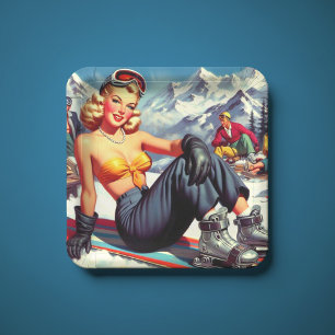 Vintage Snowboard Pin-up Paper Plates