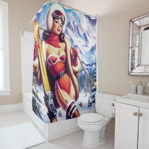 Vintage Snowboard Pin-Up Shower Curtain