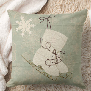 Vintage snowflake ice skates cute rustic winter th throw pillow