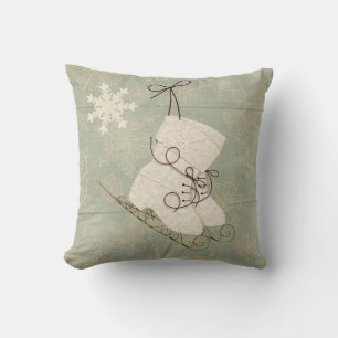Vintage snowflake ice skates cute rustic winter throw pillow
