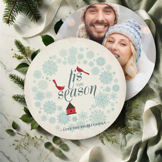 Vintage Snowflake Photo Holiday Card (Best Christmas cards with photo features snow and red cardinals. )